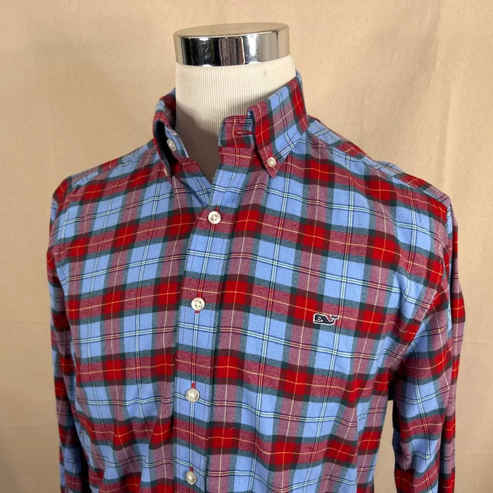 Vineyard Vines Medium Classic Fit Whale Shirt Blue Red Plaid Flannel Cotton Mens